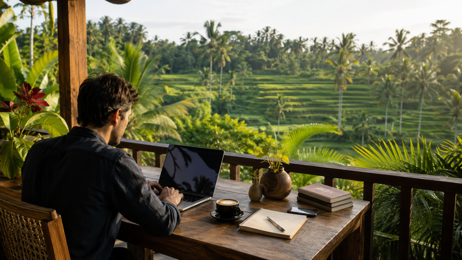 Remote professional working in Bali near tropical scenery and rice fields