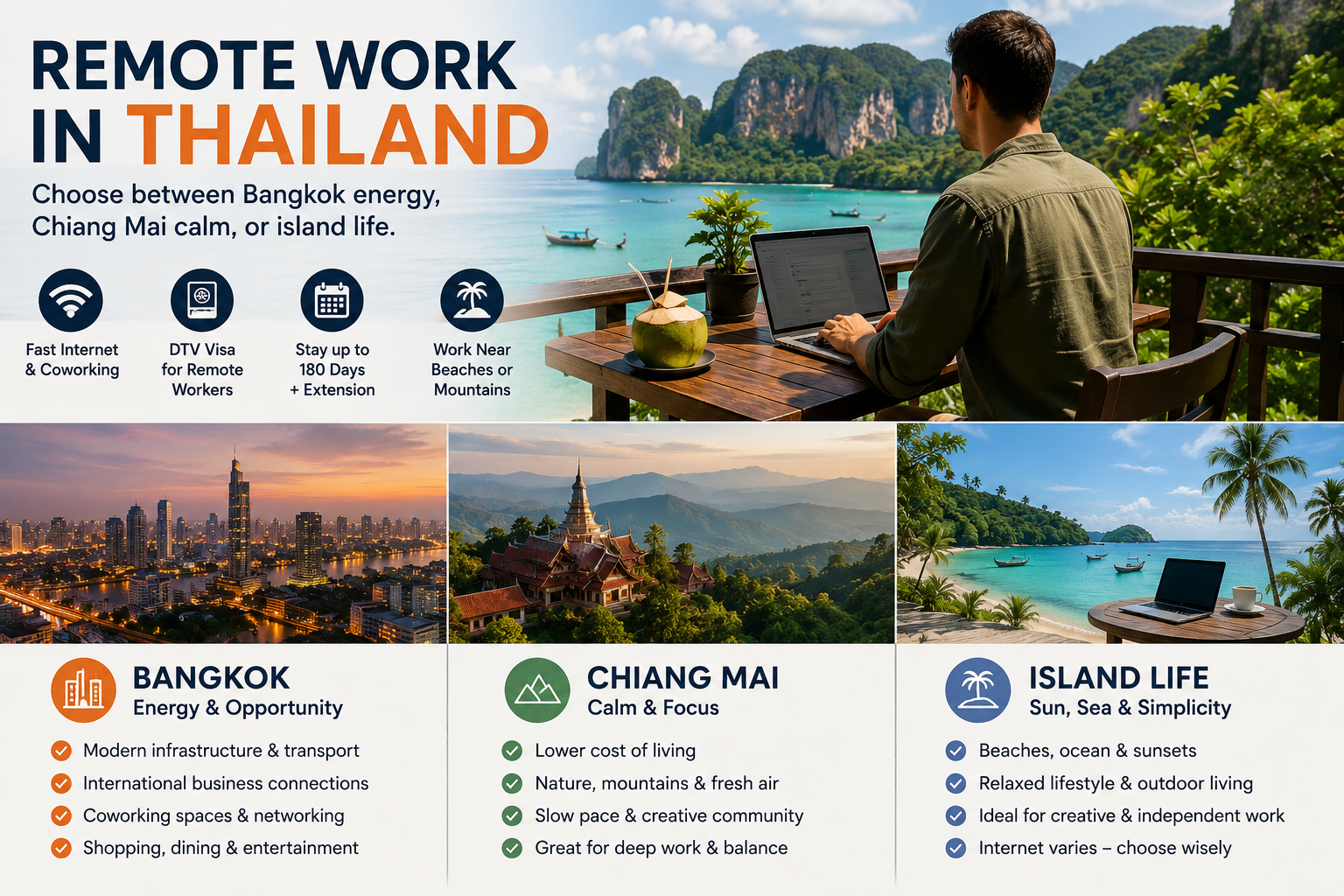Remote professional choosing between Bangkok, Chiang Mai, and island life in Thailand