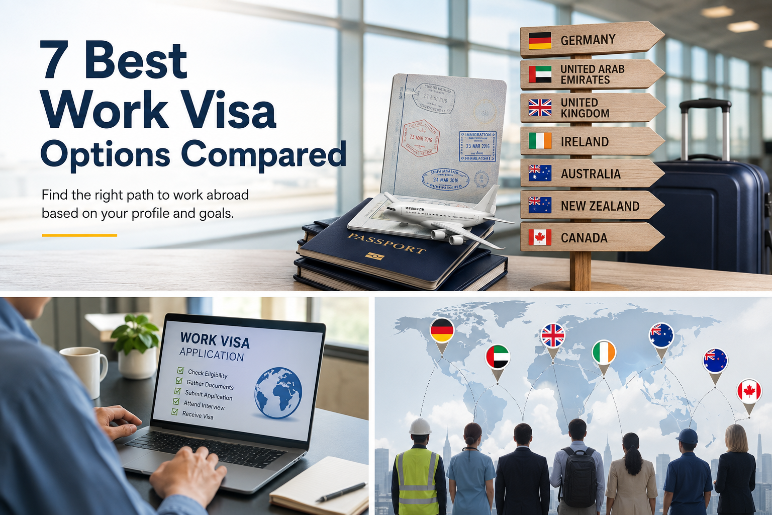 Passport, boarding pass, and work visa checklist at an airport, representing international work visa applications and working abroad opportunities.